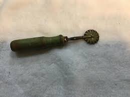 vintage PIE crust crimper brass wheel blue/green handle made ...