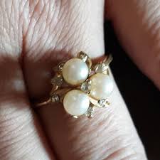 Jewelry | 3 Pearl Diamond Gold Ring | Poshmark
