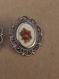 Vintage Petit Point Needlepoint Silver Tone Clip On Earrings | eBay