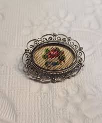Vtg Silvertone Oval Petit Point Hand Embroidered Floral Filigree 1.25"Brooch Pin | eBay