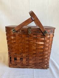 Vintage Woven Wicker Wooden Metal Picnic Basket