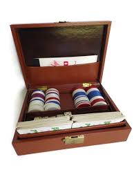 Vintage Leatherette Bridge/ Poker Card Box/ 2 Decks/ Chips ...