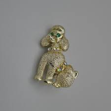 Vintage Poodle Dog Brooch Pin Green Eyes AB Rhinestones Textured Gold Tone 1.25" | eBay