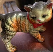 Porcelain Cat Tabby Figurine 5”x4”green - Etsy