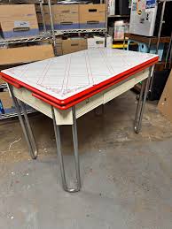 Vintage Enamel Top kitchen Table W/ Drawer and Expandable sides, red/white, retro, Shabby Chic - Dining Tables - Eau Claire, Wisconsin | Facebook Marketplace