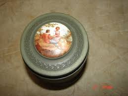 Vintage Metal Powder Box w/ Porcelain Top w/ Music Box ...