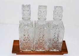 1960s Mid-Century Modern Cut Glass Decanter Set on Wooden Tray - 4 Pieces | Chairish