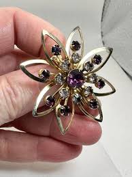 Flower Outline Clear Amethyst Rhinestones 1930s Vintage Gold ...