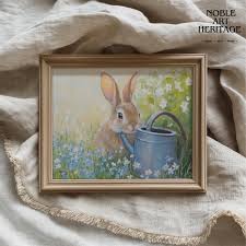 Classic Rabbit in Spring Meadow - Vintage Oil Painting Print, Rustic Farmhouse Decor, Antique Cottagecore Wall Art, Rabbit Portrait 58 - Etsy
