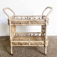 Boho Chic Woven Ribbon Rattan Two Tier Bar Cart | Chairish