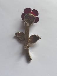 Vintage Gold Toned Stem Leaves Red Rose Flower Brooch Pin ...