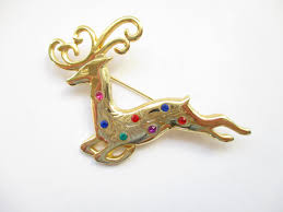 Vintage Christmas Pin Brooch Reindeer Rhinestones Gold Tone ...