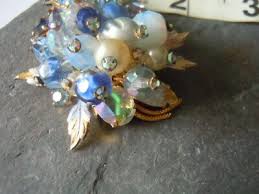 Vintage large shades of blue rhinestone leaf brooch ...