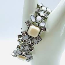 Milk Glass Rhinestone Bracelet Moonstone and Silver Tone ...
