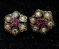 Vintage Weiss Clip on Floral Earrings Gold Tone AB & Fuschia Rhinestones - Etsy Israel
