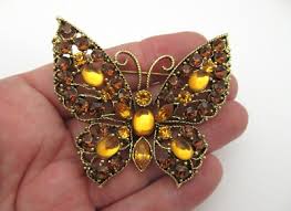 Vintage Mid Century Brown & Gold Rhinestone Butterfly Brooch Large 2.25" | eBay