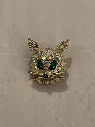 Vintage Cat Head Brooch Pin, Clear Round Crystals | eBay