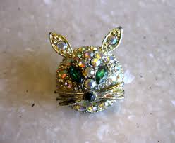 Small Vintage Cat Face Pin Brooch w/ Green and AB Rhinestones, Whiskers! | eBay Australia