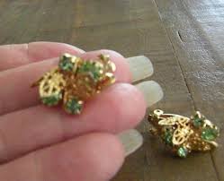 Light Green Rhinestone and Gold Filigree Clip Earrings, Hollywood Regency Mid-century Modern Vintage Costume Jewelry - Etsy