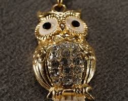 Vintage Art Deco Style Yellow Gold Tone Rhinestone Glass Stone Owl Design Necklace Jewelry K#64 - Etsy