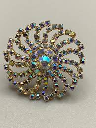 Large Vintage Aurora Borealis Multicolor Rhinestone Floral Gold Dome Pin Brooch - Etsy