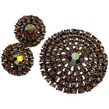 Signed Weiss Vintage Brooch & Clip On Earrings Set Autumn Fall Color - Ruby Lane