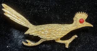 Vintage Takahashi Attributed Lacquered Wood & Metal Roadrunner Bird Pin Brooch.