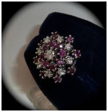 14k Diamond & Ruby Tiered White Gold Dinner Ring. For Sale at Ruby Lane