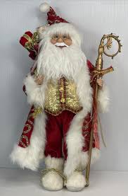 22" Red & Gold Santa Claus Figurine Standing with Gift Bag ...