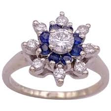 Similar Items to Diamond Flower Vintage Ring With Sapphire Halo .69 Carat TGW 14K White Gold