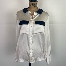 Zara Basic Women's Satin Top L Cream Nerd Preppy Mother Pearl Button Long Sleeve | eBay