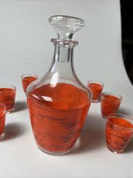 Vintage MCM Glass Sake Set for 6 FRANCE Asian Scenery Theme Red Orange | eBay Australia