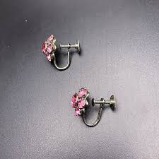 Pink Rhinestone Flower Earrings Screw Back Silver Tone Midcentury Dainty Vintage | eBay