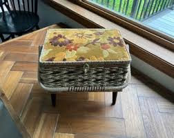 Vintage MCM Floral Tapestry Sewing Basket: Wicker Craft ...