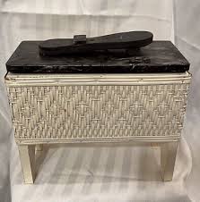 Shoe Shine Care Kit White Wicker Wood Box Foot Stand & Accessories Vintage | eBay