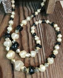 Vintage Beaded Necklace Japan Faux large Pearls Black Gold ...