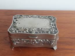 Silver Plated Elaborate Scroll Work Red Velvet Lined Jewelry Box . For Sale at Ruby Lane