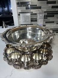 Vintage Silver Plated Punch Bowl With a Tray, a Spoon and 12 ...