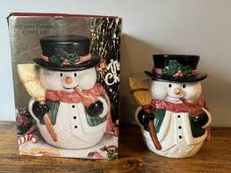 Snowman Cookie Jar Smiling Face with Broom Ceramic 11 inch ...