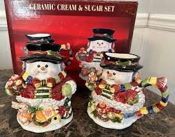 SNOWMAN & SQUIRREL HAND PAINTED CERAMIC CREAM & SUGAR SET 4 ...