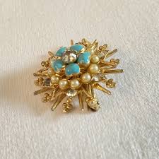 Vintage Victorian Style Starburst Brooch Turquoise Color Enamel Faux Pearl Seeds | eBay Australia