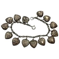 Similar Items to Victorian Revival Puffy Heart Vintage Charm Bracelet Sterling Silver