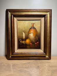 OIL ON PANEL STILL LIFE PAINTING - VASE, CANDLE & FRUIT SIGNED WALLACE, FRAMED | eBay
