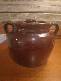Vintage Brown Crock Stoneware Bean Pot with Lid ~ 2 Finger Hold Handles NICE! | eBay Australia