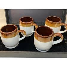 Set of 4 coffee mugs cup stoneware 4" Cream w/ Brown Rims ...