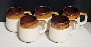 5) Stoneware Tri-Color Coffee Mugs 70's Brown 10 Ounce Mid ...
