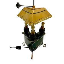 Vintage French Tole Pierced Scalloped Tri-Corner Palm Frond Finial Bouillotte Lamp in Saffron Yellow & Black | Chairish