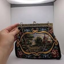 Bags | Vintage Tapestry Clutch Embroidered Black Country Scene Purse With Metal Snap | Poshmark