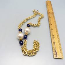 1980s Large Golden Link and Faux Pearl Necklace, Navy Blue ...