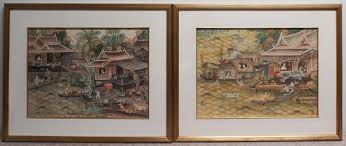 Lot - Pair of Thai Ink and Color on Paper Villages Scenes ...